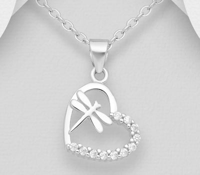 Şəkli böyütmək üçün tiklayın 925 Sterling Silver Pendant Featuring Dragonfly And Heart Decorated with CZ Simulated Diamonds
