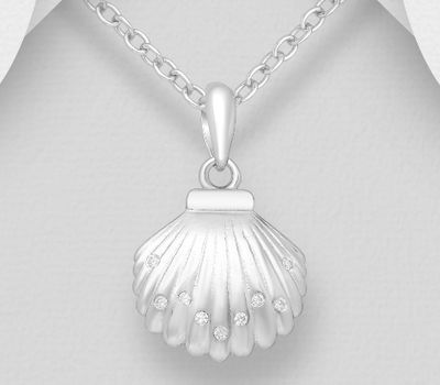 925 Sterling Silver Shell Pendant, Decorated with CZ Simulated Diamonds