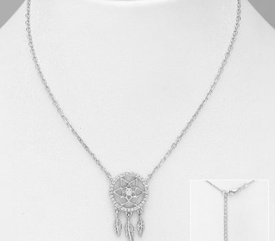 925 Sterling Silver Dream Catcher Necklace Decorated with CZ Simulated Diamonds