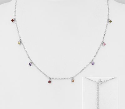 925 Sterling Silver Necklace, Decorated with Colorful CZ Simulated Diamonds, CZ Simulated Diamond Colors may Vary.