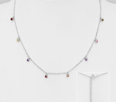 Şəkli böyütmək üçün tiklayın 925 Sterling Silver Necklace, Decorated with Colorful CZ Simulated Diamonds, CZ Simulated Diamond Colors may Vary.