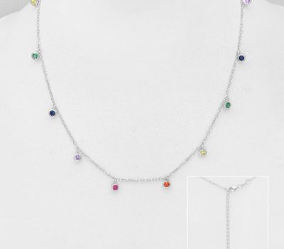 925 Sterling Silver Necklace Decorated with Colorful CZ Simulated Diamond, CZ Simulated Diamond Colors may Vary.