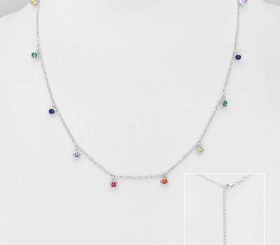 Şəkli böyütmək üçün tiklayın 925 Sterling Silver Necklace Decorated with Colorful CZ Simulated Diamond, CZ Simulated Diamond Colors may Vary.