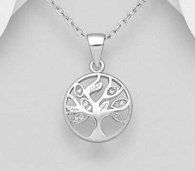 Şəkli böyütmək üçün tiklayın 925 Sterling Silver Tree Of Life Pendant, Decorated with CZ Simulated Diamonds