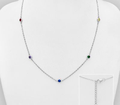 925 Sterling Silver Circle Necklace, Decorated with Colorful CZ Simulated Diamonds, CZ Simulated Diamond Colors may Vary.
