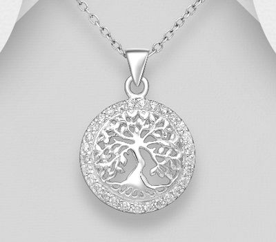 Şəkli böyütmək üçün tiklayın 925 Sterling Silver Tree Of Life Pendant, Decorated with CZ Simulated Diamonds