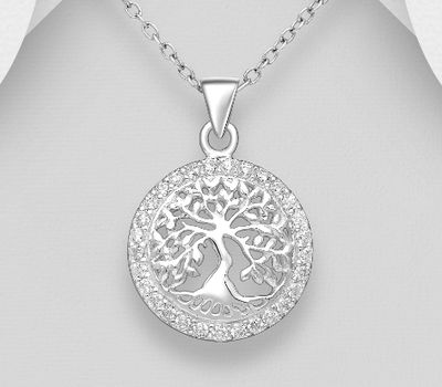 925 Sterling Silver Tree Of Life Pendant, Decorated with CZ Simulated Diamonds