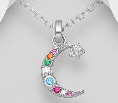 925 Sterling Silver Moon and Star Pendant, Decorated with Colorful CZ Simulated Diamonds, CZ Simulated Diamond Colors may Vary.