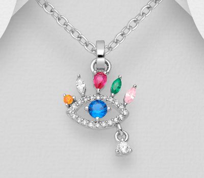 925 Sterling Silver Eye Pendant, Decorated with Colorful CZ Simulated Diamonds, CZ Simulated Diamond Colors may Vary.
