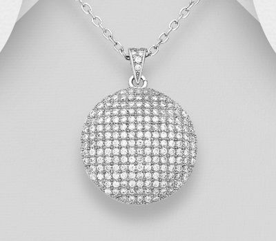 925 Sterling Silver Round Pendant, Decorated with CZ Simulated Diamonds