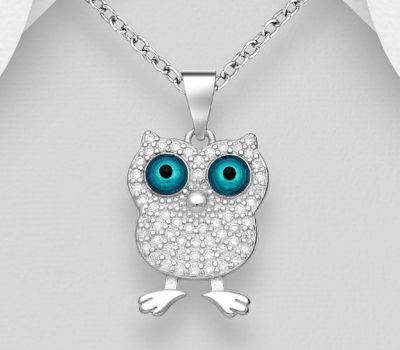 925 Sterling Silver Owl Pendant, Decorated with CZ Simulated Diamonds