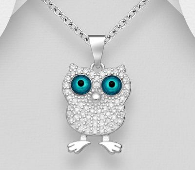 Şəkli böyütmək üçün tiklayın 925 Sterling Silver Owl Pendant, Decorated with CZ Simulated Diamonds