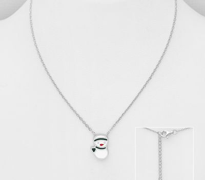 925 Sterling Silver Snowman Necklace, Decorated with Colored Enamel