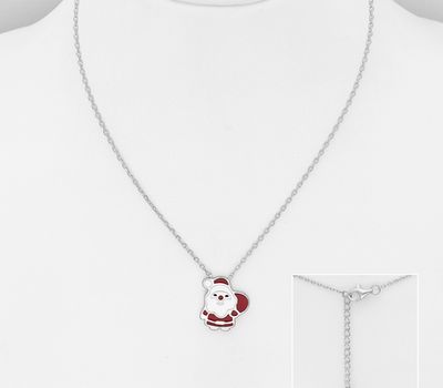 925 Sterling Silver Santa Claus Necklace, Decorated with Colored Enamel