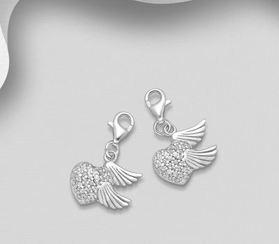 925 Sterling Silver Heart and Wings Charm, Decorated with CZ Simulated Diamonds