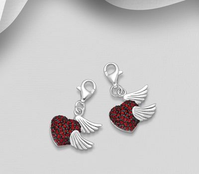 925 Sterling Silver Heart and Wings Charm, Decorated With CZ Simulated Diamonds