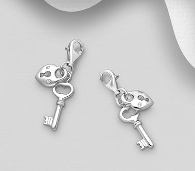 925 Sterling Silver Key and Padlock Charm, Decorated with CZ Simulated Diamonds