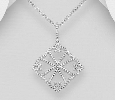 925 Sterling Silver Rhombus Clover Pendant, Decorated with CZ Simulated Diamonds