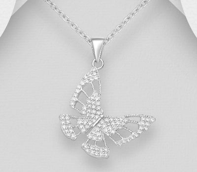 925 Sterling Silver Butterfly Pendant, Decorated with CZ Simulated Diamonds