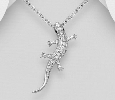 925 Sterling Silver Gecko Lizard Pendant, Decorated with CZ Simulated Diamonds