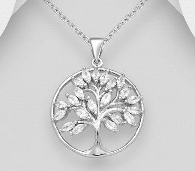 925 Sterling Silver Tree of Life Pendant, Decorated with CZ Simulated Diamonds