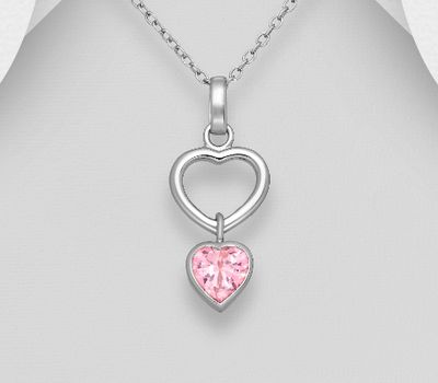 925 Sterling Silver Heart Pendant, Decorated with Heart-Cut CZ Simulated Diamond