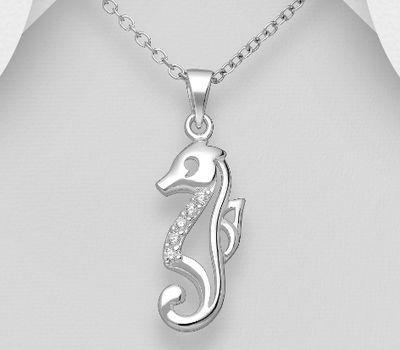 925 Sterling Silver Seahorse Pendant, Decorated with CZ Simulated Diamonds