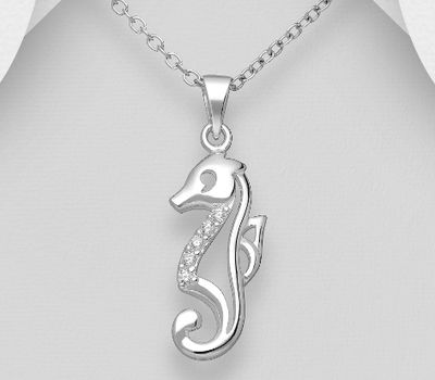 Şəkli böyütmək üçün tiklayın 925 Sterling Silver Seahorse Pendant, Decorated with CZ Simulated Diamonds