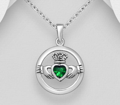 925 Sterling Silver Oxidized Claddagh Pendant, Decorated with CZ Simulated Diamonds