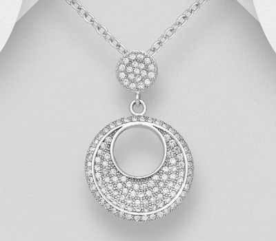 925 Sterling Silver Round Pendant, Decorated with CZ Simulated Diamonds
