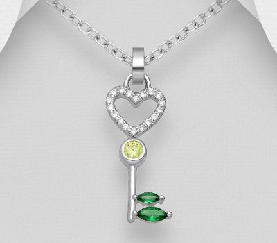 925 Sterling Silver Heart and Key Pendant, Decorated with CZ Simulated Diamonds
