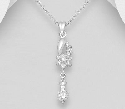 925 Sterling Silver Flower Pendant, Decorated with CZ Simulated Diamonds