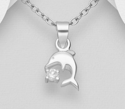 Şəkli böyütmək üçün tiklayın 925 Sterling Silver Dolphin Pendant, Decorated with CZ Simulated Diamonds