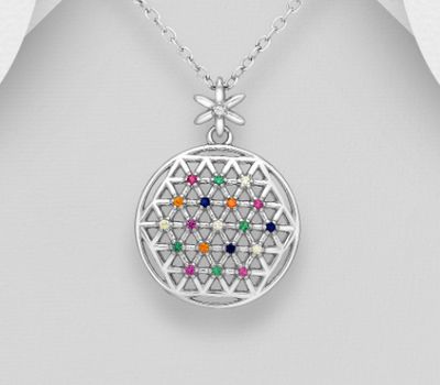 925 Sterling Silver Flower Of Life Pendant, Decorated with Colorful CZ Simulated Diamonds