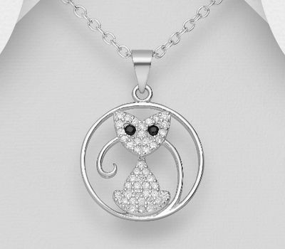 925 Sterling Silver Cat Pendant, Decorated with CZ Simulated Diamonds