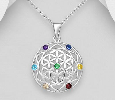 925 Sterling Silver Chakra and Flower of Life Pendant, Decorated with Colorful CZ Simulated Diamonds