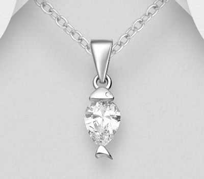 925 Sterling Silver Fish Pendant, Decorated with CZ Simulated Diamonds