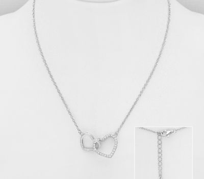 925 Sterling Silver Heart Links Necklace, Decorated with CZ Simulated Diamonds