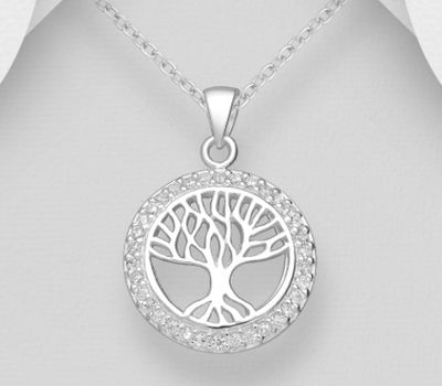 Şəkli böyütmək üçün tiklayın 925 Sterling Silver Tree of Life Pendant Decorated with CZ Simulated Diamonds