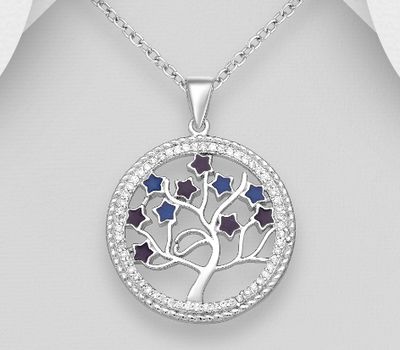 925 Sterling Silver Tree Of Life and Star Pendant, Decorated with Colored Enamel and CZ Simulated Diamonds