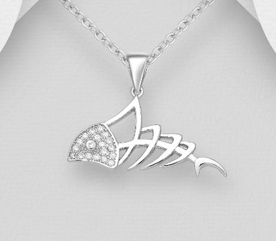 925 Sterling Silver Fish Bone Pendant, Decorated with CZ Simulated Diamonds