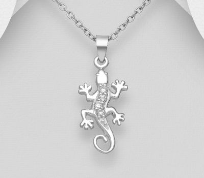 925 Sterling Silver Lizard, Gecko Pendant, Decorated with CZ Simulated Diamonds