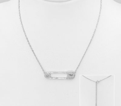 925 Sterling Silver Safety Pin Necklace, Decorated with CZ simulated Diamonds