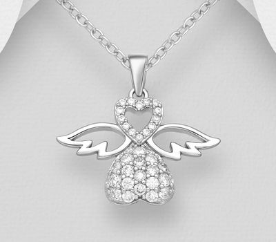 925 Sterling Silver Angel and Heart Pendant Decorated with CZ Simulated Diamonds