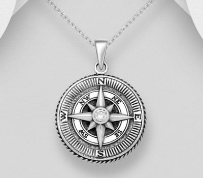 925 Sterling Silver Oxidized Compass Pendant Decorated with CZ Simulated Diamond