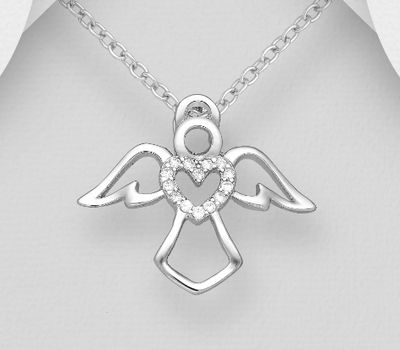 925 Sterling Silver Angel and Heart Pendant, Decorated with CZ Simulated Diamonds