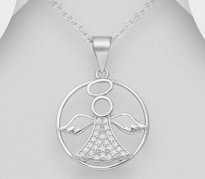 925 Sterling Silver Angel Pendant, Decorated with CZ Simulated Diamonds