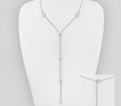 925 Sterling Silver Dangle Necklace Decorated with CZ Simulated Diamonds, Plated with Rhodium