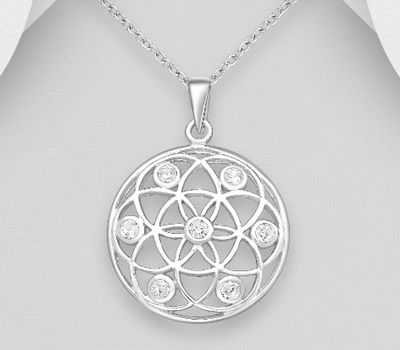 925 Sterling Silver Flower of Life Pendant,  Decorated with CZ Simulated Diamonds