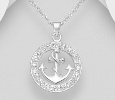 925 Sterling Silver Circle Anchor Pendant Decorated with CZ Simulated Diamonds
